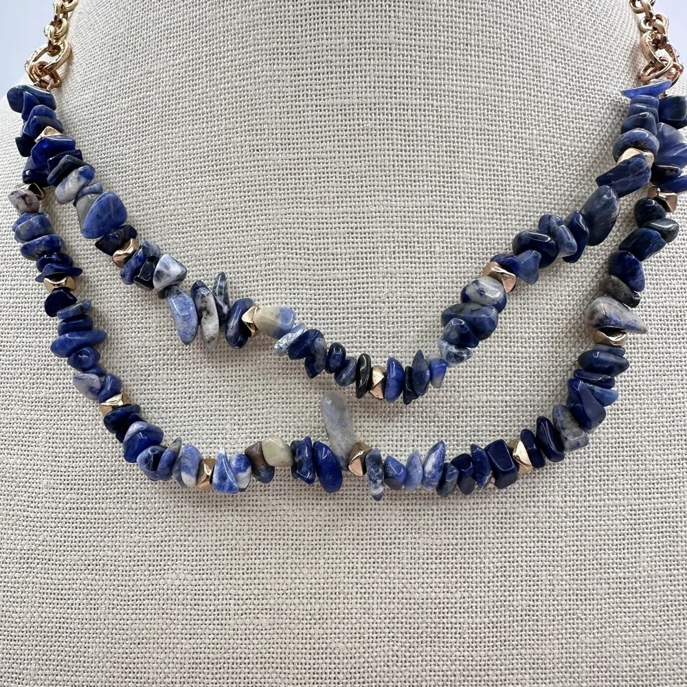 Vintage Y2K Gold Tone Double Strand Blue Sodalite Chip Chunky Necklace Jewelry